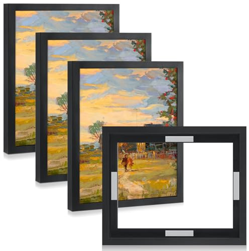 Qunclay 4 Pcs 9 x 12 Inch Canvas Floating Frame Black Floater Frames for Canvas Painting Wood Vertical and Horizontal Wall Hanging Frame with Adhesive Strips for Oil Painting Diamond Decor