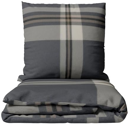Leonado Vicenti Ropa de cama de franela fina a cuadros en gris y beige, 155 x 220 cm y funda de almohada de 80 x 80 cm con cremallera oculta