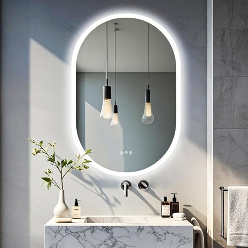 LUVODI Oval badrumsspegel, 90 x 60 cm LED-väggspegel med belysning spegel lysande anti-imma speglar toalett 3 touch