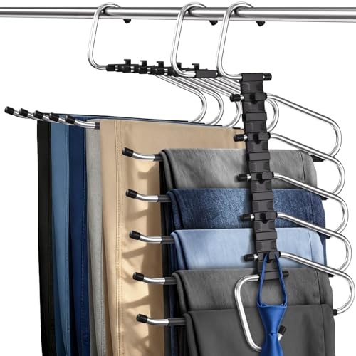 MERDTTES Pants Hangers 2 Pack Space Saving Metal Closet Organizer, Anti-Slip Design, Multi-Layer Space Saving Hangers, Closet Organizers and Storage for Jeans, Trousers, Skirts, Scarves, Slacks, Black
