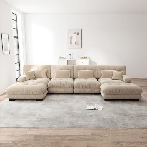 Rvjiahe - Divano angolare modulare, set di divani a forma di U per soggiorno, 4 posti, comodi divani a nuvola con pouf mobile, combinazione fai-da-te, ciniglia (marrone chiaro+4 sedili)