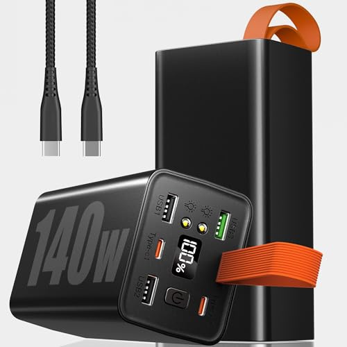 140W Laptop Powerbank : 70000mAh Power Bank USB C Input & Output, Externer Akku mit 5 Anschlüsse für 5 Geräte gleichzeitig, Digitaldisplay, Taschenlampe, Für Smartphone, MacBook, Büro (Black)