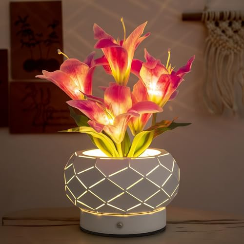 Lámpara de flores de lirio blanco de 3 colores con atenuación táctil geométrica hueca de hierro, luz LED, recargable,decoración romántica de,para mamá, amiga, esposa