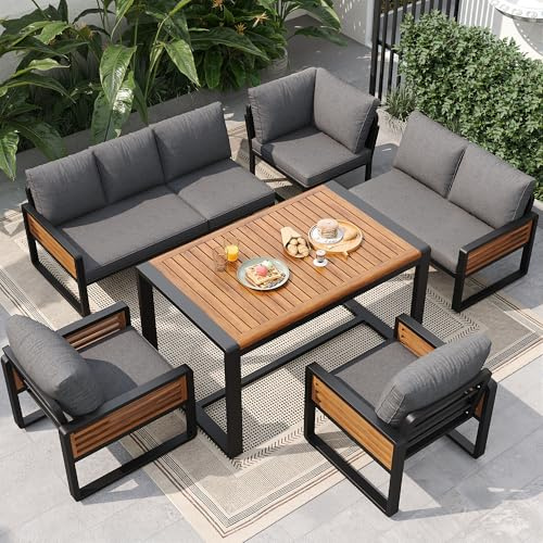 BEJUDYTT Garten-Lounge-Set, Gartensofa mit Esstisch aus Massivholz, Möbelset für 8 Personen, verstellbare Beine, alle Sitz- und Rückenkissen inklusive (Grau)