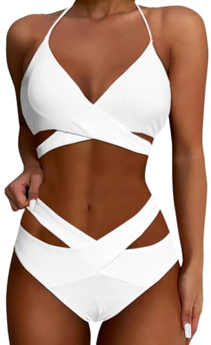 Tvådelade Bikiniset for Kvinnor, Högmidjad Bikini, Push Up-baddräkt, Omlottbaddräkt, Svart, XXL(White,S)
