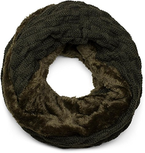 styleBREAKER cálido fular de tubo de punto fino con motivo trenzado y relleno interior polar muy suave, fular de tubo, unisex 01018150, color:Verde oscura