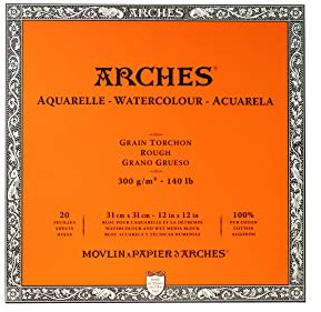 Arches 1711609 Aquarell Block, 20 Blatt Aquarellpapier in Naturweiß, 300g/m², hohe Farbechtheit, Alterungsbeständigkeit, Grobkorn, 31 x 31cm