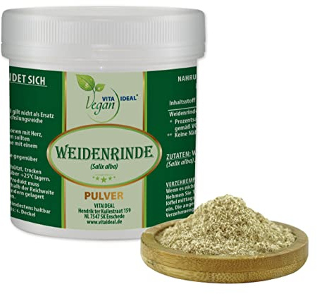 VITA IDEAL Vegan® WEIDENRINDE 200g PULVER - Salicis alba Cort - Salicaceae - Tagesportion 460mg - Silber - WEIDEN - RINDE gemahlen. Natürlich, pflanzlich & ohne Zusatzstoffe, Inklusive Messlöffel.