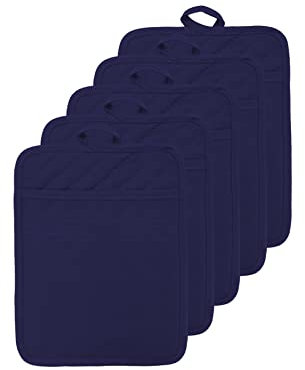 VEIKERY Oven Pot Holder with Pocket Cotton Heat Resistant Coaster Potholder Kitchen Hot Pad Oven Mitts for Cooking Square 7x9Set of 5 (Navy Blue)