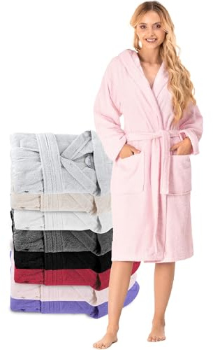 Badrock dam 100 % bomull OEKO-TEX® – premium morgonrockar absorberande handduk för dam med huva, 2 fickor, bälte, Rosa, L