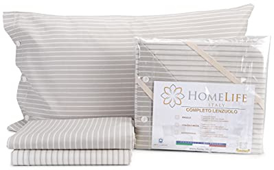 HomeLife Set Lenzuola Completo Letto Matrimoniale 100% Cotone Made in Italy | Lenzuolo Sopra 245x290CM + Lenzuolo Sotto con Angoli 180x200 + Coppia Federe a Bottoni 50x80 | Stampa a Righe Sottile