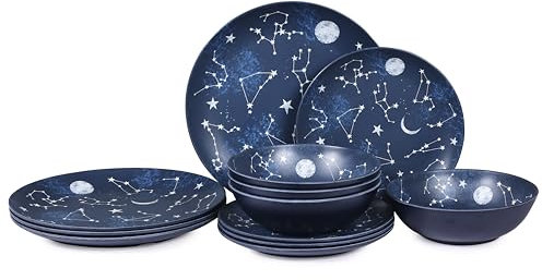 Gofunfun Juego de vajilla de melamina de 12 piezas para 4 – Juego de platos de camping con patrón estrellado para uso en interiores y exteriores, juego de platos y cuencos aptos para lavavajillas,
