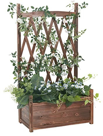 unho Fioriera da esterno con Spalliera in Legno, Fioriera Con Spalliera 115cm Alta Fioriera con Traliccio Fioriera con griglia per Rose Rampicanti Vaso Portafiori Verdura Terrazzo Balcone Giardino