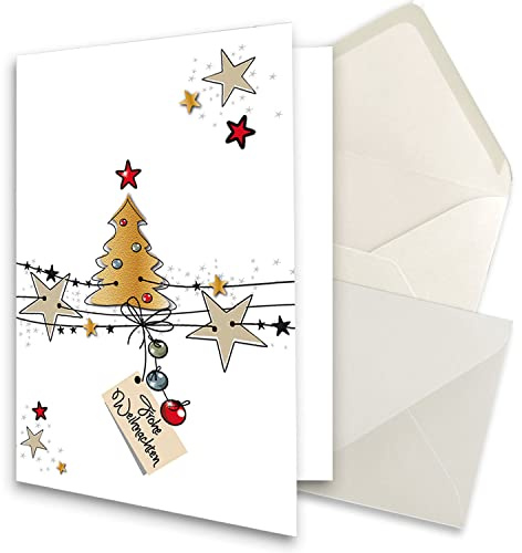 NEUSER PAPIER 5x XL Weihnachtskarten-Set DIN A5 mit Motiv Weihnachtsbaum und Sterne - Faltkarten mit passenden Umschlägen DIN C5 Naturweiß mit Nassklebung - Weihnachtsgrüße für Firmen und Privat