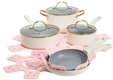 Paris Hilton Epic Nonstick Pots and Pans Set, Multi-Layer Nonstick Coating, Tempered Glass Lids, Soft Touch, Stay Cool Handles, Made Without PFOA, Dishwasher Safe Cookware Set, 12-Piece, Cream