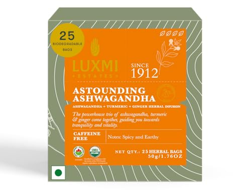 Luxmi Estates Ashwagandha Turmeric | Organic Adaptogen Tea | 25 Biodegradable Tea Bags | 50g/1.76oz