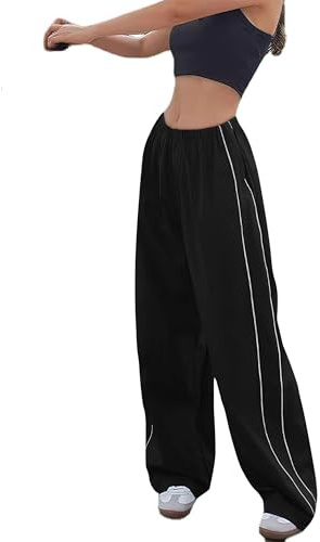 Imuedaen Track Pants Damen Parachute Pants Y2k Hosen Baggy Cargohose Weites Bein Track Pants Vintage Baggy Hosen für Frauen Streetwear Elastische Taille Freizeithose Pants (A Schwarz, XS)