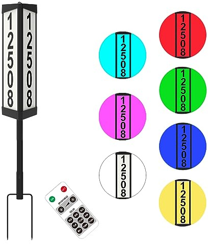 IVWVI 3 Side Solar Address Plaque, Lighted House Numbers for Outside, Waterproof RGBW Color Changing Remote Control, Led Illuminated Solar Address Sign with Stakes for Garden Street Home Yard