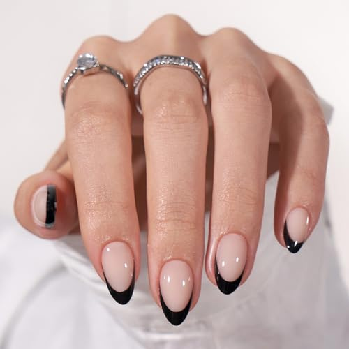 BTArtbox Press On Nails, Black French, Short Almond, Black Nude, 32Ct | Lichthärtend, 4 Wochen Haltbarkeit, Nägel Zum Aufkleben in Salonqualität, In 10 Mins Erledigt, 16 Größen, Nagel Tips Set