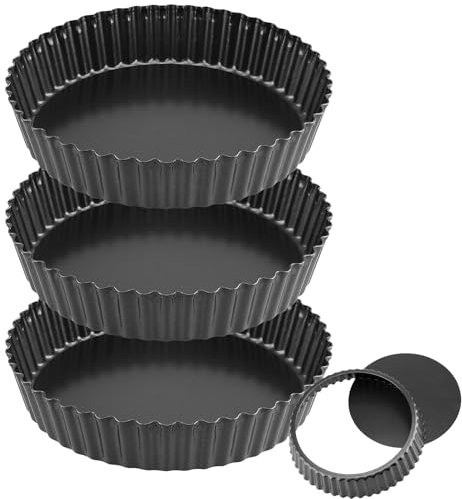 MOUYAT 3 Pack 10 inch Deep Quiche Tin, 26cm Deep Pie Tin with Loose Bottom, Round Non Stick Pie Dishes for The Oven, Pie Tin Fluted Tart Pan for Baking, Quiches, Flans