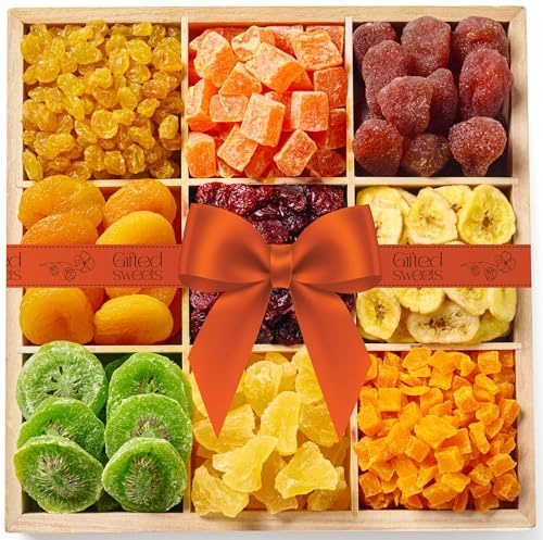 Tropical Dried Fruit Gift Basket - 9 Varieties - Reusable Wooden Crate - All Natural Gourmet Dried Fruits - Food Tray for Birthday, Care Package, Corporate, Get Well, Sympathy Gift