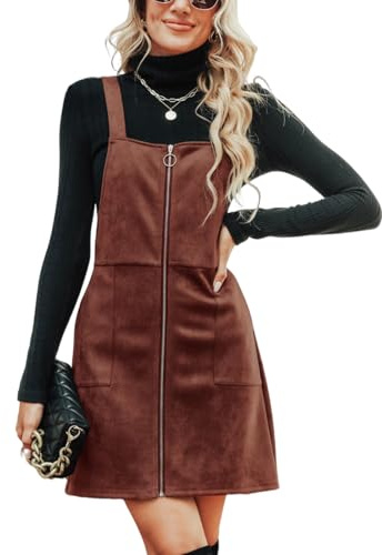 CUPSHE Women's Casual Faux Suede Mini Dresse Square Neck Pull-Ring Zipper Front Straps Autumn Warm Pinafore Tunic A-Line Dress