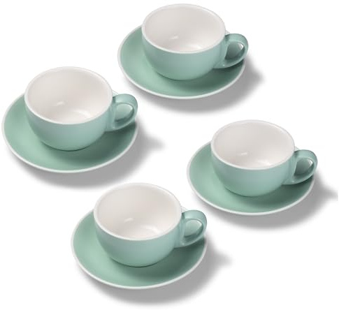 Terra Home 4er Milchkaffee-Tassen Set - Türkis, 350 ml, Matt, Porzellan, Dickwandig, Spülmaschinenfest, italienisches Design - Kaffee-Tassen Set mit Untertassen