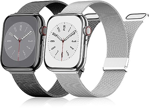 UpNeioco 2 Stück Magnetisches Edelstahl Armband Kompatibel Mit Apple Watch 40mm 41mm 38mm, für iWatch Series 9 8 SE 7 6 5 4 3 2 1, Damen Herren, Schwarz & Silber Metall