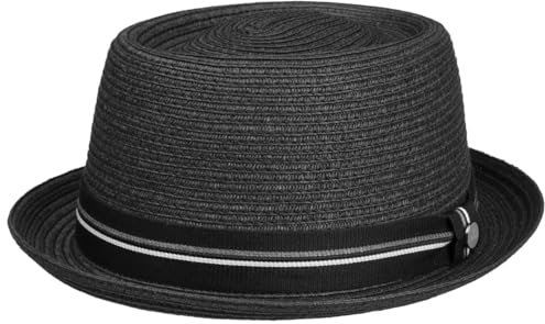 LIERYS Dawleys Pork Pie Toyo Strohhut Einfarbiger Hut Unisex Frühjahr Sommer Gestreiftes Garniturband Leicht Formstabil schwarz XL (60-61 cm)