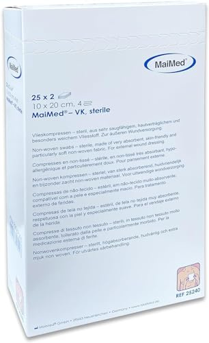Vlieskompressen 10 x 20cm 50 Stück Sterile Wundkompressen STERIL 4 Lagen Wundauflage Verbandsmaterial Wundgaze Kompresse zur Wundversorgung Nicht Haftend+E-Book (über Gesundheit)