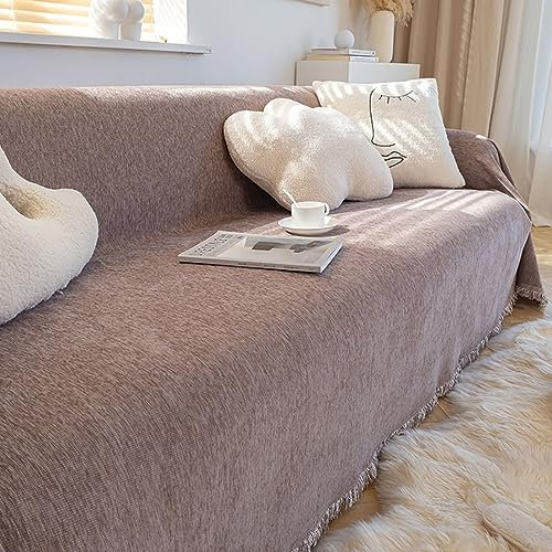 KnSam Home Sofa Überzug, Einfarbig Sofa Überwurfdecke Vintage mit Quaste, Anti-Rutsch Sofaüberwurf Hund Chenille Möbelschutz-Sofabezüge (180x180CM, Braun)