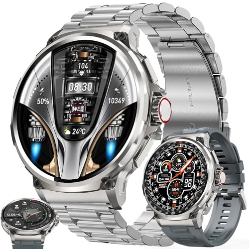 1,85” AMOLED Rund Smartwatch Herren mit Telefonfunktion, 710mAh Batterie, Fitnessuhr mit Schrittzähler Herzfrequenz SpO2, Schlafmonitor, 123 Sportmodi Uhr, Aktivitätstracker für Android iOS (Silber)