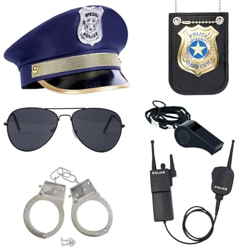 ZUCOS Polizei Kostüm für Kinder, Erwachsene, Polizist Handschellen Sonnenbrille Abzeichen Jungen Mädchen Karneval Detective Dress ups Halloween Kostüm (A, Medium)