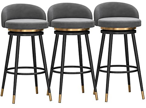 Farmhouse Barhocker für Küche, Frühstück, Barhocker, 3er-Set, Thekenhöhe, Drehhocker mit Rückenlehnen, 360° drehbar, Samt, gepolsterte Sitze, schwarze Metallbeine, Grau, 75 cm Höhe