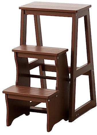 Multi Function Wooden 3 Step Ladder Chair Home Flip Storage Foot Stool Display Stand & Flower Stand Portable Space Saving (Brown)