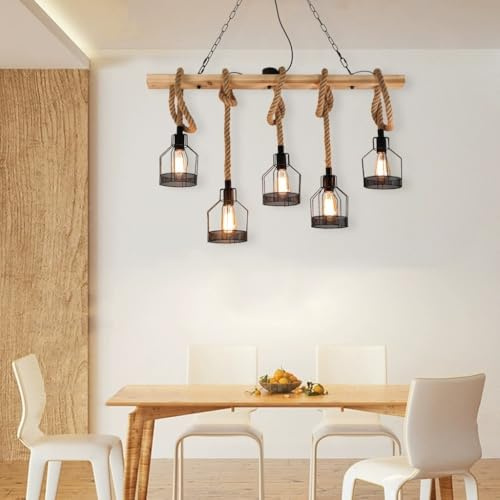 Vintage Pendelleuchte Holz Hängeleuchte Esstischlampe E27*5 Kronleuchter Höhenverstellbar Hängelampe Hanfseil DIY Verstellbare Industrial Retro Eisen Pendelampe Wohnzimmer Küche Bar Deckenleuchte