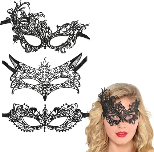 YNR Sexy schwarze Spitzen-Augenmaske, Halbgesichtsmaske, ausgefallene Maskerade-Masken für Damen, Abschlussball, Halloween, Maskenparty, Masken-Kostüm, 3 Stück