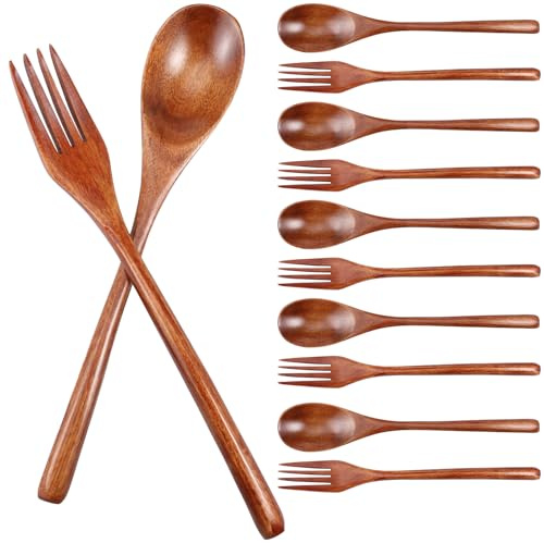 Juego de 12 tenedores de madera reutilizables resistentes a la temperatura, mango largo, utensilios de madera aptos para lavavajillas, superficie lisa, juego de cubiertos de madera para agitar,