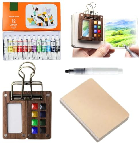 Aquarell-Reise-Set, 12 Farben Tragbare Aquarell Palette, Mini Aquarellkasten, Mini Aquarell Travel Set, Skizzenbuch Palette Set, Wood Aquarell Skizzenbuch für Maler, Künstler, Studenten (8 Gitter)
