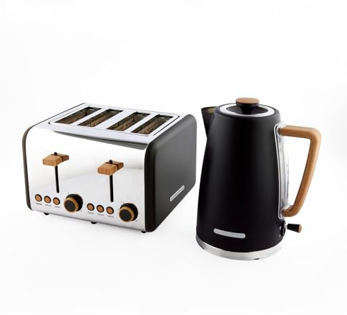 Hamilton Beach Kettle and Toaster Set, Scandi, Electric Kettle 1.7L, Wide Slot Toaster 4 Slice, Boil Dry Protection, 6 Variable Browning Levels, Black - HB0102MBST