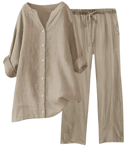 Survêtement d'été élégant en lin pour femme avec chemise large + pantalon léger en coton et lin pour l'été Survêtement de gymnastique Printemps Curvy Ensemble de deux pièces à manches 3/4 pour, W-Kaki