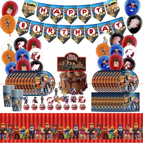 95PCS Rob-lx Geburtstag Deko, Geburtstag Geschirr Set, Partygeschirr mit Happy Birthday Banner Teller Servietten Tischdecke Pappbecher für Party Dekoration