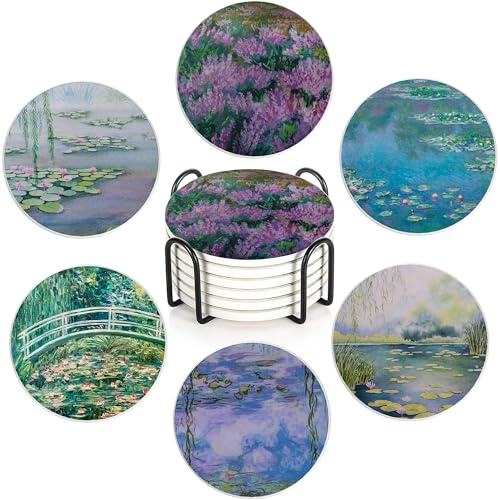 Claude Monet Wasserlilien Set mit 6 Untersetzern, saugfähige Keramik-Getränkematten mit Korkboden & Metallhalter, Auslaufschutz für Tassen/Tassen, fröhliche Heim-/Bar-Dekoration