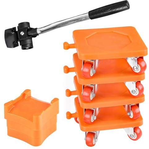 9 Piezas Mover Muebles, con Almohadillas de Elevación y Varillas Extensión, Capacidad Carga 500 kg, Rodillos con Manijas Pequeñas, Mover la Ayuda de una Fuerza Externa (Naranja + Negro, tamaño Medio)