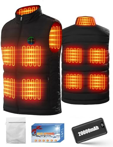Trongle Gilet Chauffant Électrique USB avec 7.4V Batterie 20000mAh, 9 Zones de Chauffage, 3 Niveaux de Température, Taille Réglable, Lavable en Machine, Idéal pour Hiver, Ski, Moto, Randonnée - XL