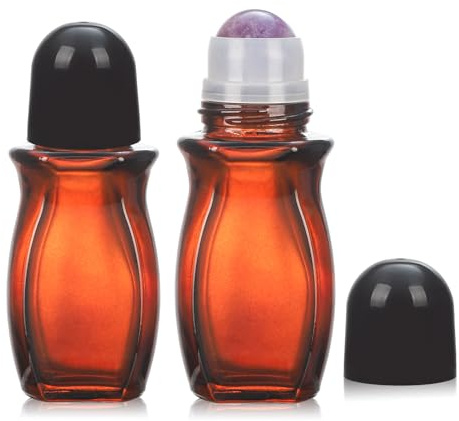 RAMFIYN 2 pack 50ml Large Amber Glass Roll on Bottles for Essential Oils Perfume Refillable Quartz Roller Ball Applicator Empty Deodorant Containers with Crystal Rollerball