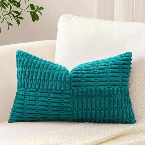 Sungeek 1 Stück Cord Kissenbezug, Kreuz Streifen Muster Kordsamt Kissenbezüge Sofakissen Dekokissen Patchwork Design Boho Zierkissenbezüge Deko Kissenhülle für Wohnzimmer (40x60cm, Teal)