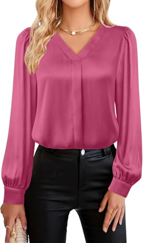 YUTILA Blusa de satén con cuello en V para mujer, elegante, de manga larga, con brillo, para negocios, suelta, para negocios