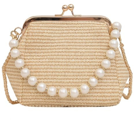 BWOOOWE Handtasche Damen Klein Stroh Clutch mit Perlen Kette Abendtasche Vintage Bügelverschluss Umhängetasche Damen Tasche für Party Hochzeit(Khaki)
