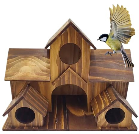 Casa de pájaros de madera – Casa rústica para mascotas con múltiples agujeros para exteriores, caja de anidación decorativa de jardín, refugio de madera resistente a la intemperie, accesorio de patio